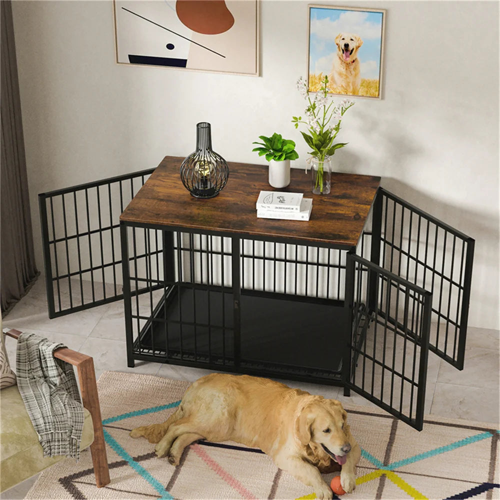 BORWARTH Large Wooden Dog Crate End Table Kennel With Doors