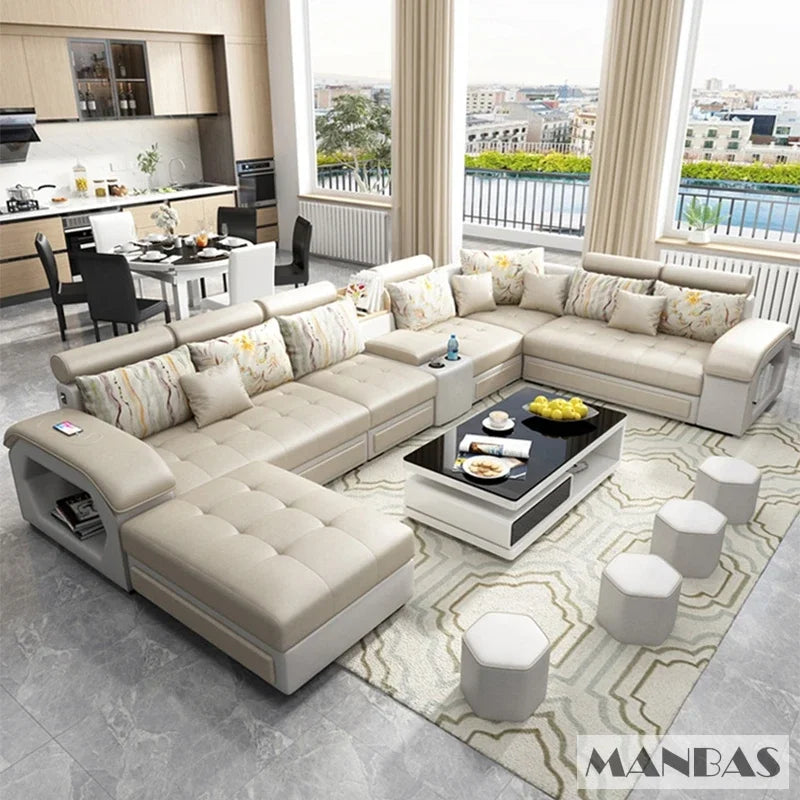 Linlamlim U Shaped Fabric Sofa Set with USB Stools Home