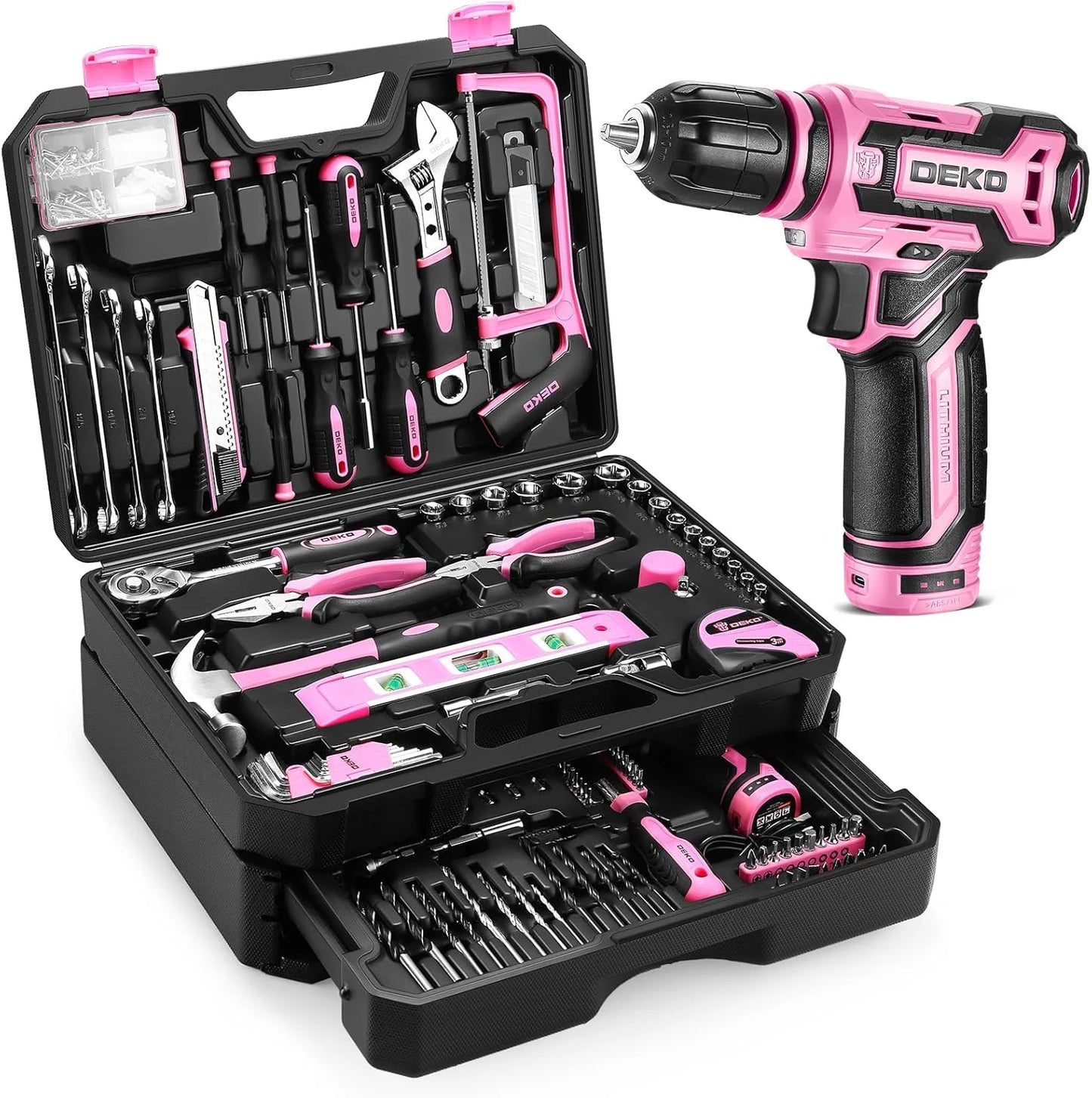 DEKODIY Home Mechanic Toolbox With 12V Cordless Drill Set