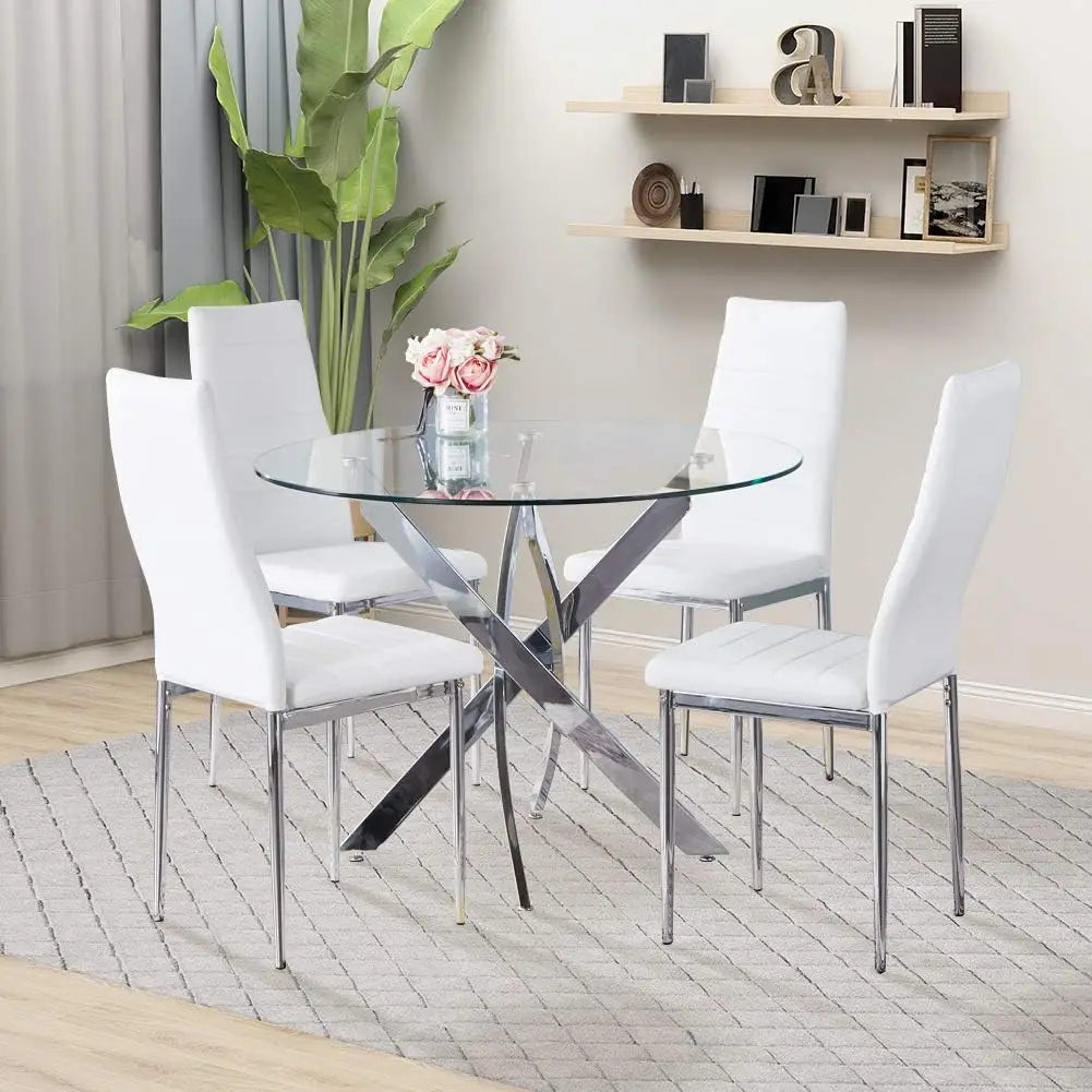 XMSJH Round Tempered Glass Dining Table Set For Four