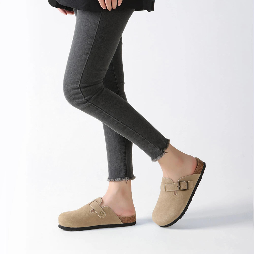 Women's Suede Clogs Adjustable Buckle Slip Casual Footbed