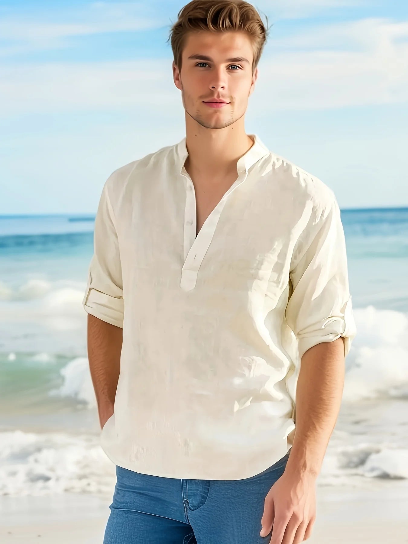 CN Zhejiang Linen Stand Collar Mens Cotton Linen Shirt