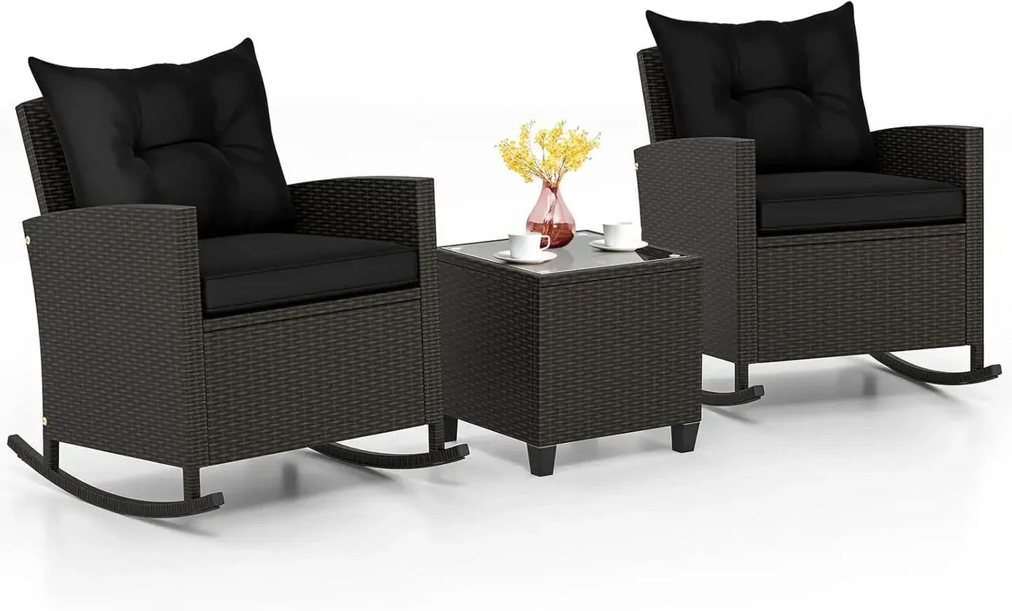 ANGDUO Wicker Patio Rocking Bistro Set With Glass Table