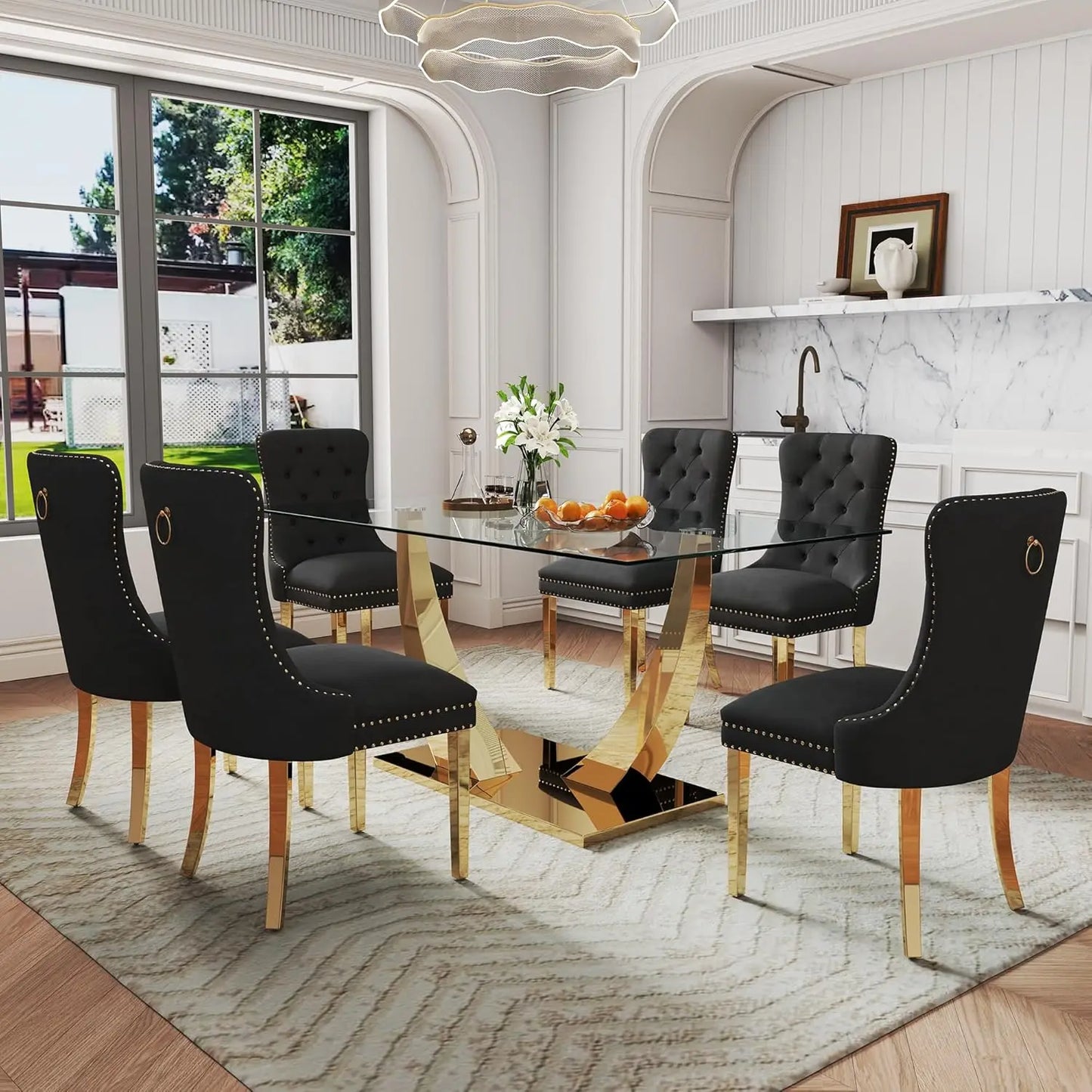 AMHDDT 7 Piece Modern Glass Dining Set With Elegant Chairs