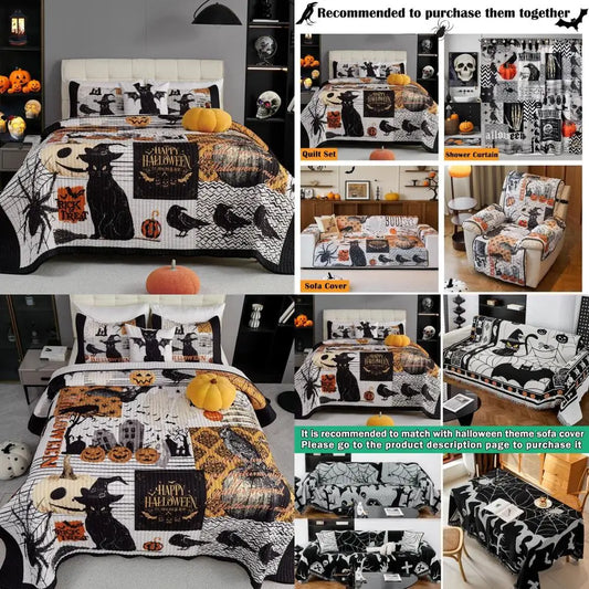 Halloween Themed Quilt Set With 3 Pillow Shams Lightweight