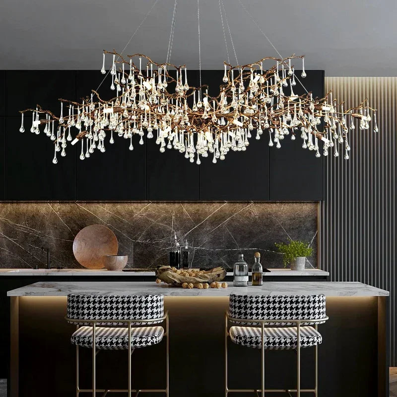 Raindrop Crystal Chandelier With Gold Tree Branch Design