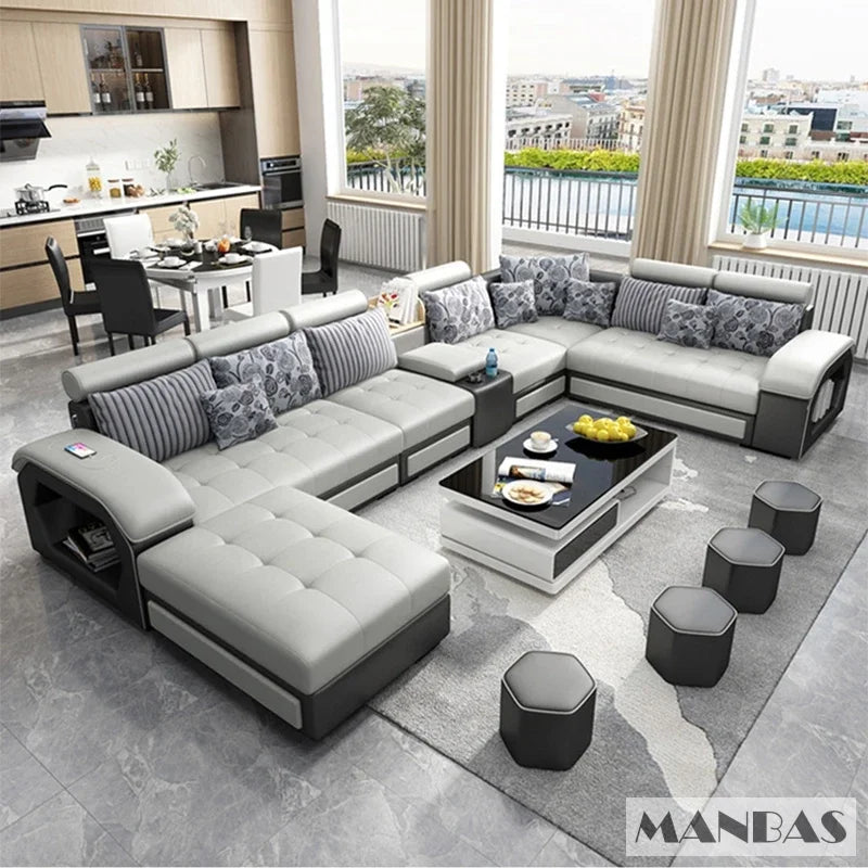 Linlamlim U Shaped Fabric Sofa Set with USB Stools Home