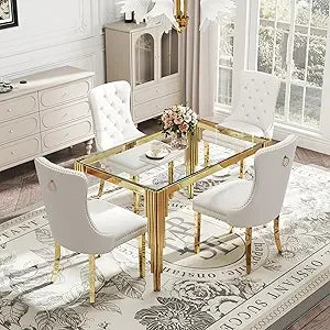 AMHDDT Glass Dining Table Set With Upholstered Chairs