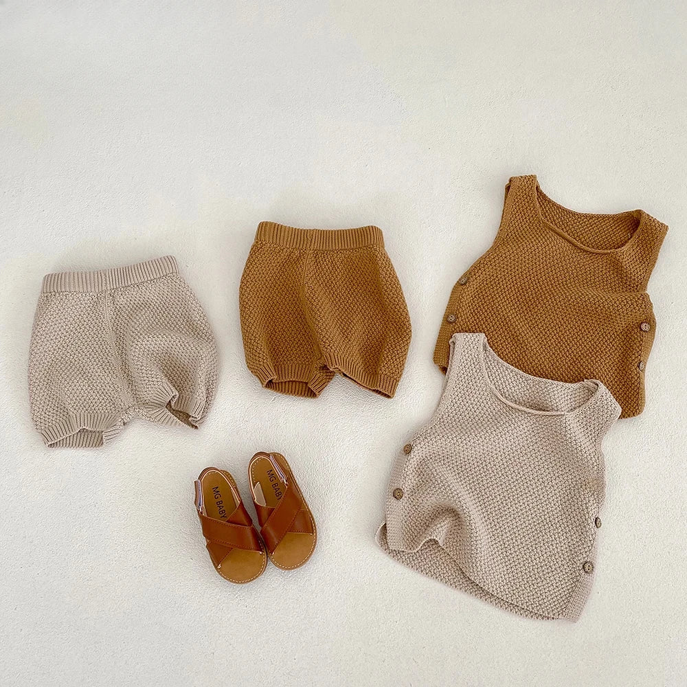 Summer Ins Baby Knitted Sweater Thin Vest Open Button Top+shorts for Boys and Girls 2-piece Suit