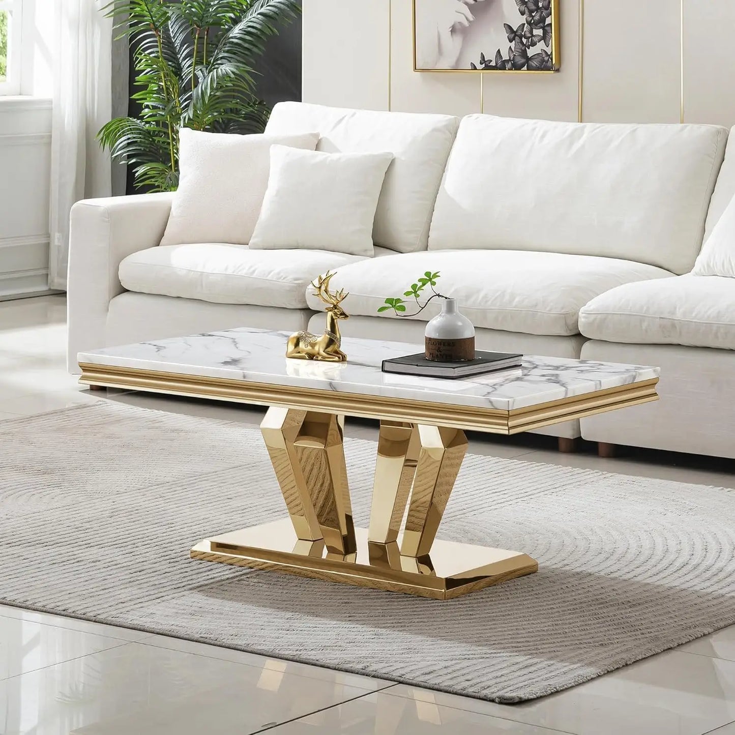 XMSJ White Marble Coffee Table With Stainless Steel Base