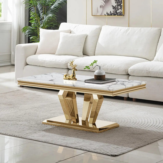 XMSJ White Marble Coffee Table With Stainless Steel Base