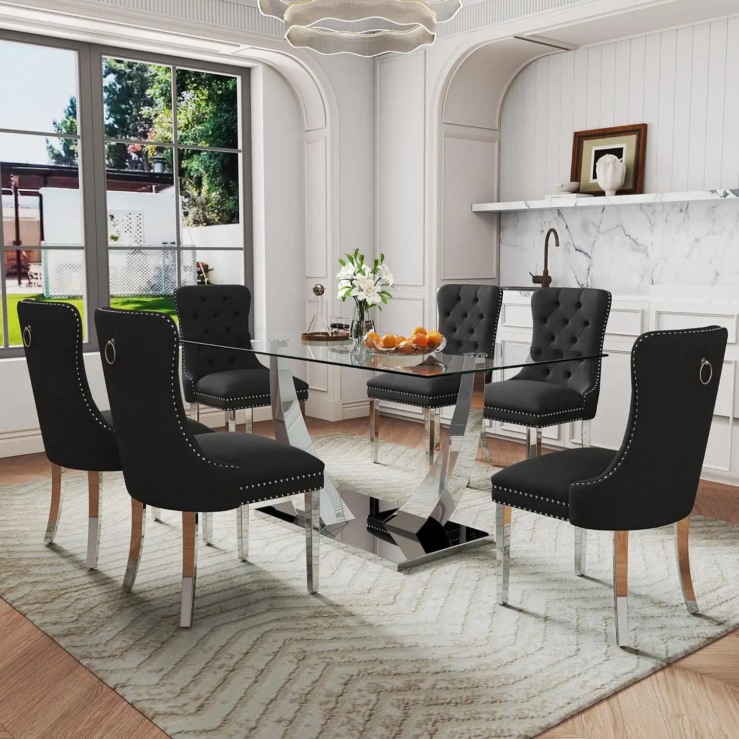AMHDDT 7 Piece Modern Glass Dining Set With Elegant Chairs