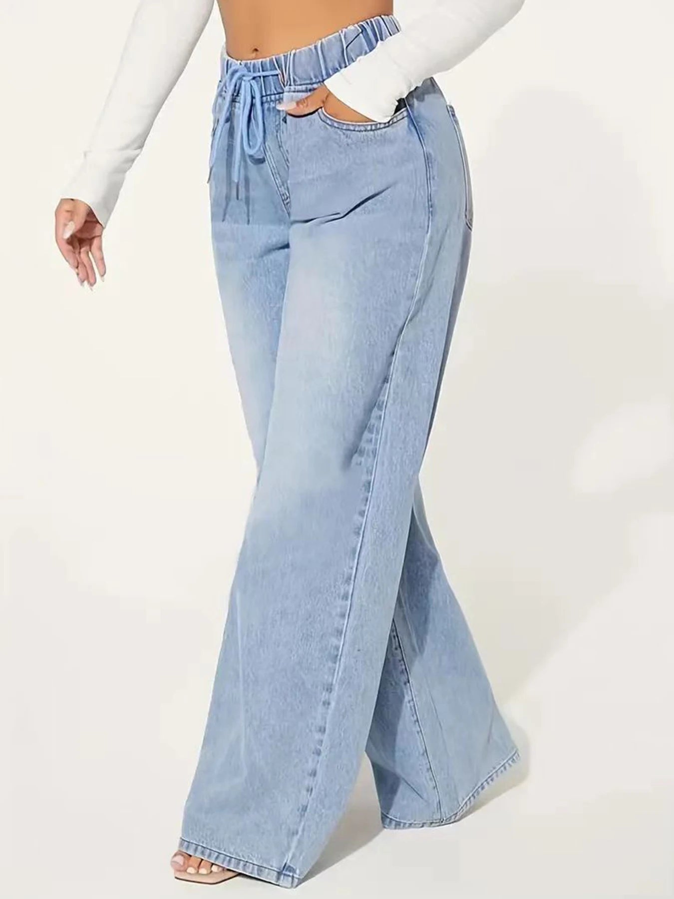 Guangdong Women Jeans Drawstring Straight Leg Denim