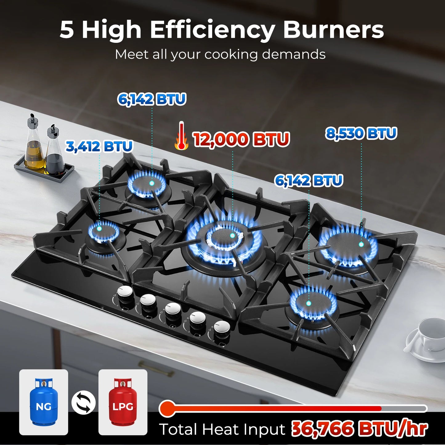 Tieasy 5 Burner Gas Cooktop Built In NG LPG Convertible