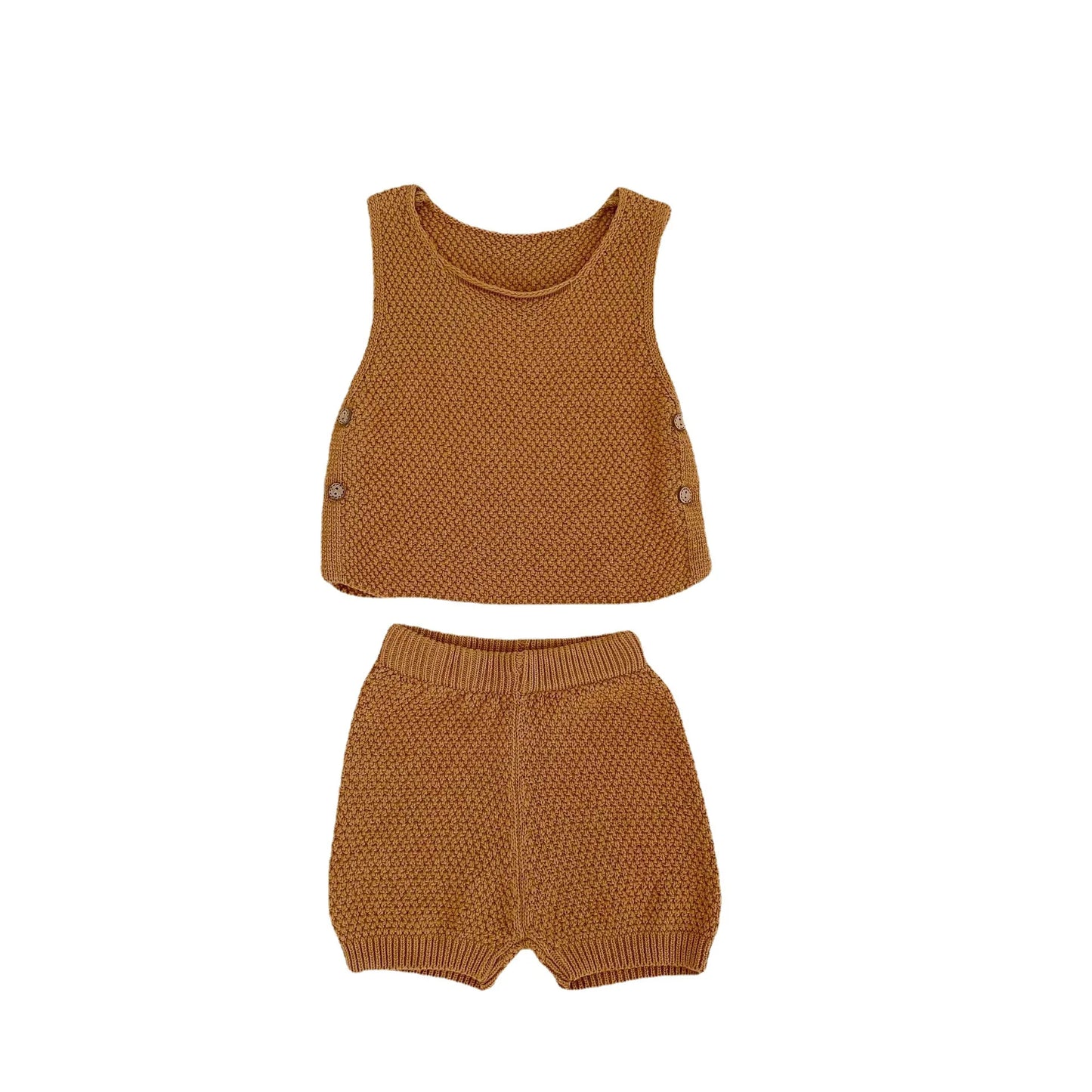 Summer Ins Baby Knitted Sweater Thin Vest Open Button Top+shorts for Boys and Girls 2-piece Suit