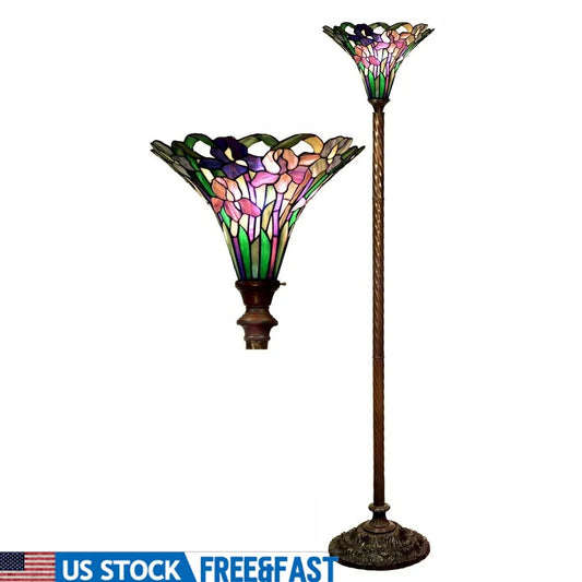 XMSJ Tiffany Iris Torchiere Floor Lamp Stained Glass Shade