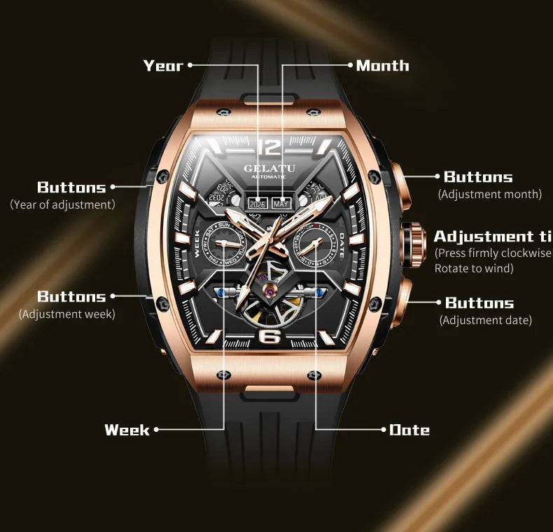 GELATU 6013 Watch For Men Waterproof Dual Calendar Silicone