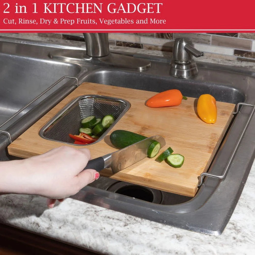 XMSJ 2 In 1 Bamboo Cutting Board With Removable Strainer