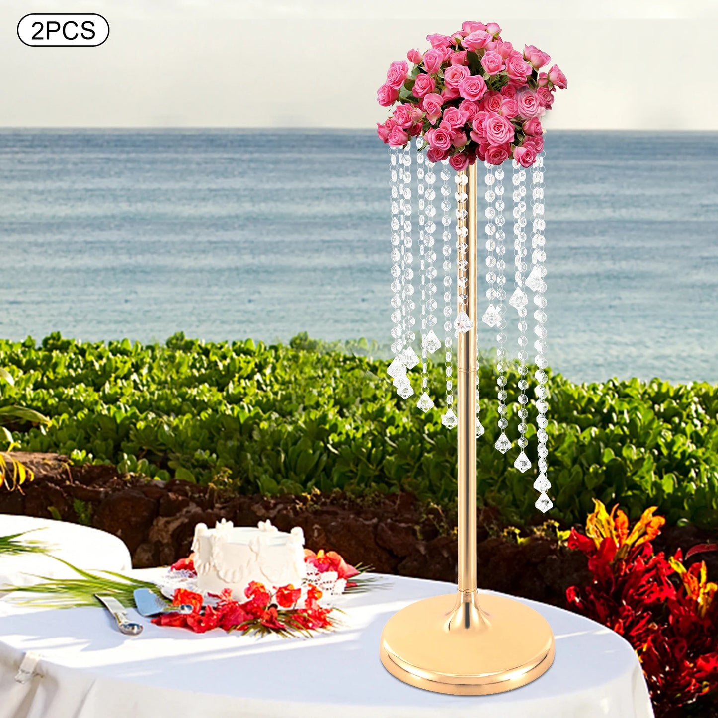 [2 Pcs Wedding Centerpieces Gold Vases] 2 Pcs 28inch Tall Metal Crystal Flower Vase - Wedding Party Tables Decorations - Elegant
