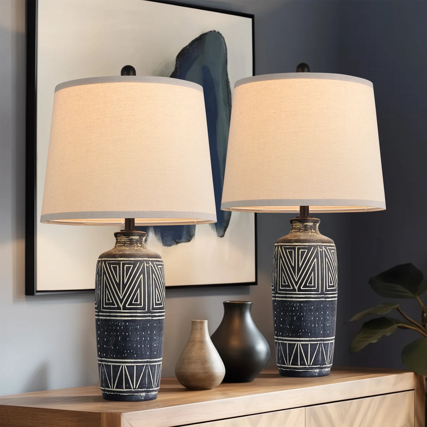 Stanbow Geometric Ceramic Table Lamps With Linen Shade