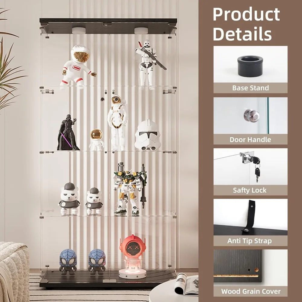 XUYUAN Glass Display Cabinet With Light 4 Shelves 2 Doors