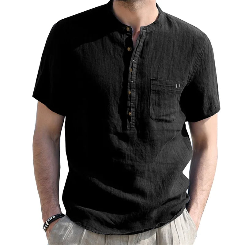 CN Guangdong Mens Linen Henley ShortSleeve Breathable Shirt