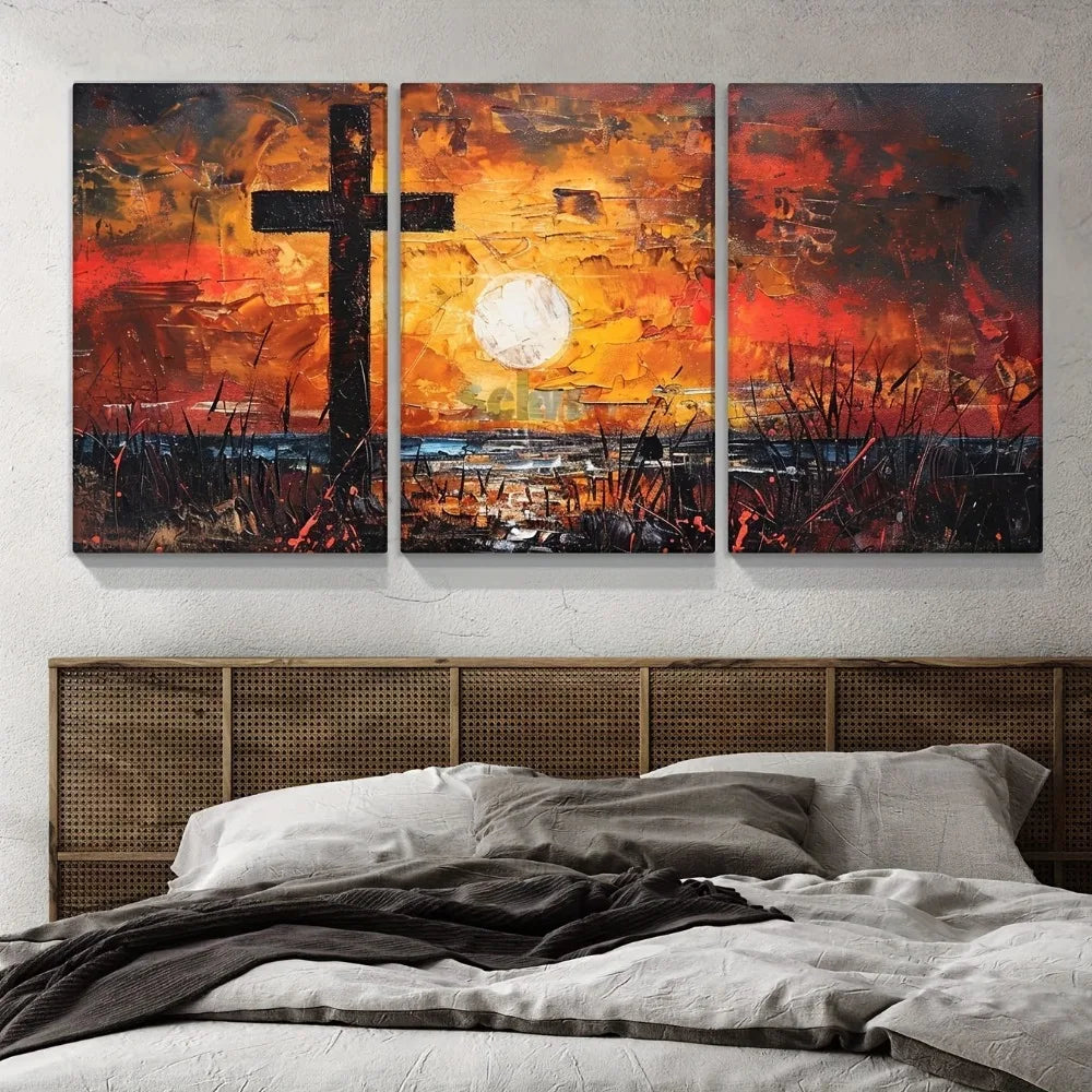 Sunrise Canvas Wall Art Pine Frame 3 Piece Decor Set