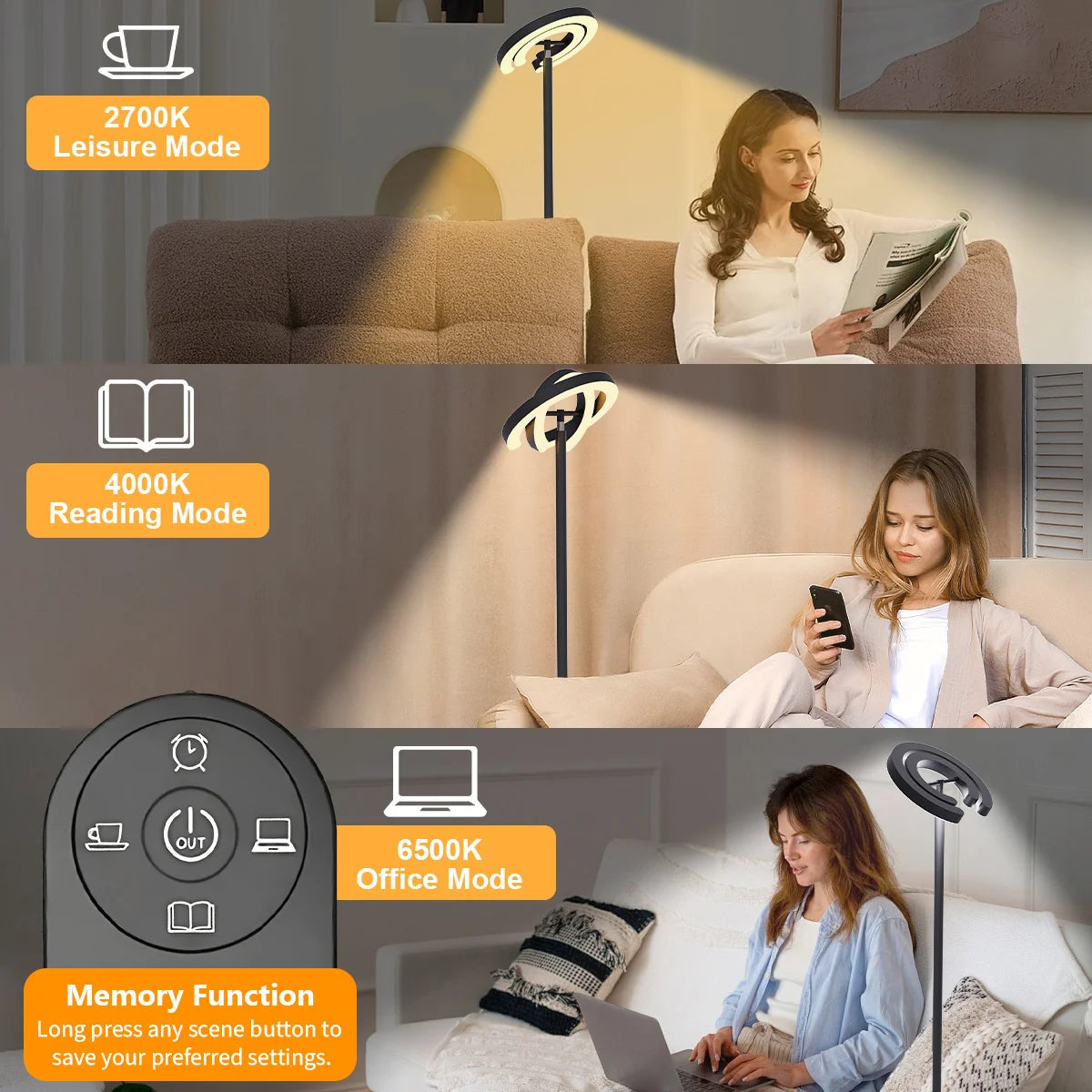 Aiopp Modern LED Floor Lamp With Rotatable Lights Remote