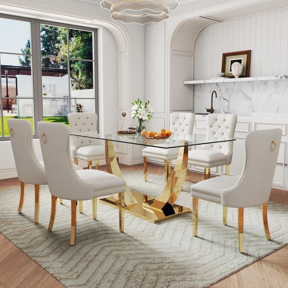 AMHDDT 7 Piece Modern Glass Dining Set With Elegant Chairs