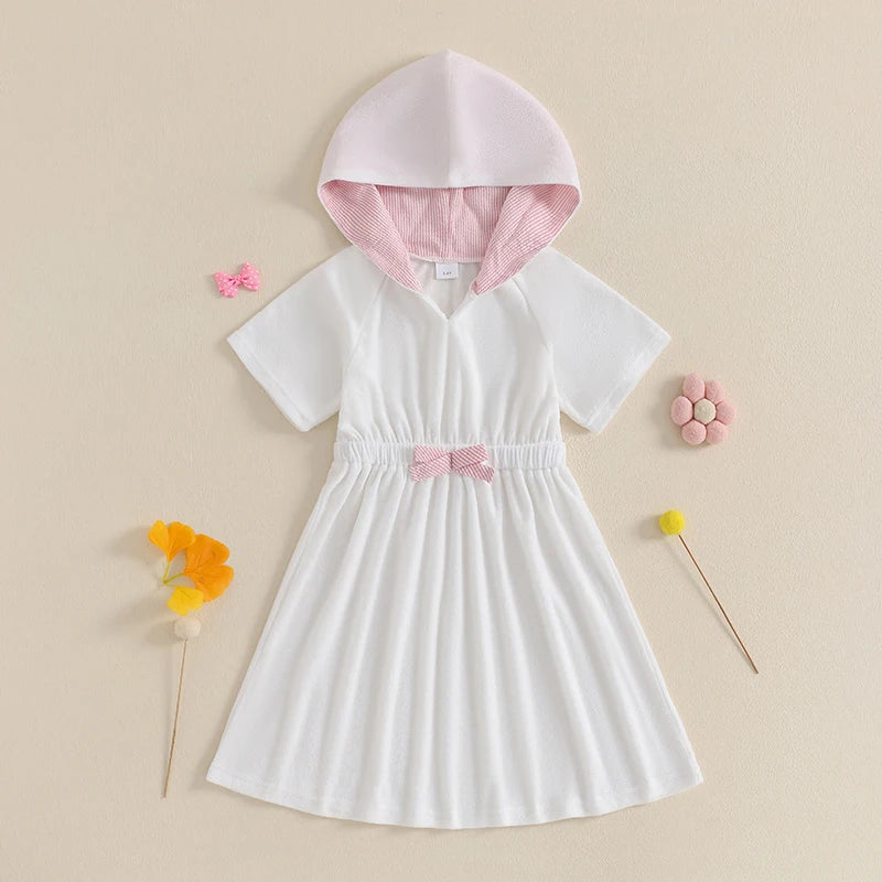 Kids Hooded Beach Cover Up Dress With 3D Bow Swimwear