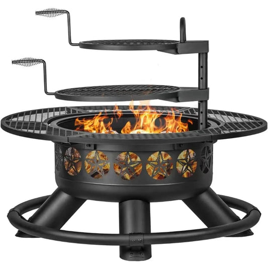 Outdoor Fire Pit With Grills 3 In 1 Round Metal BBQ