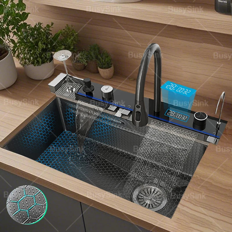 BusySink Stainless Steel Kitchen Sink With Waterfall Faucet