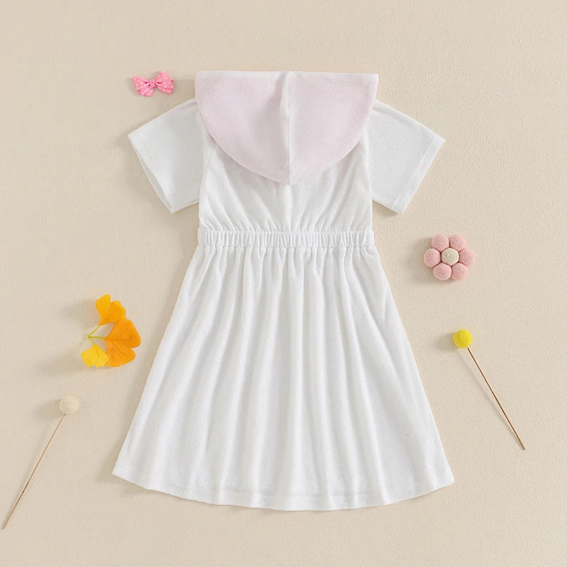 Kids Hooded Beach Cover Up Dress With 3D Bow Swimwear