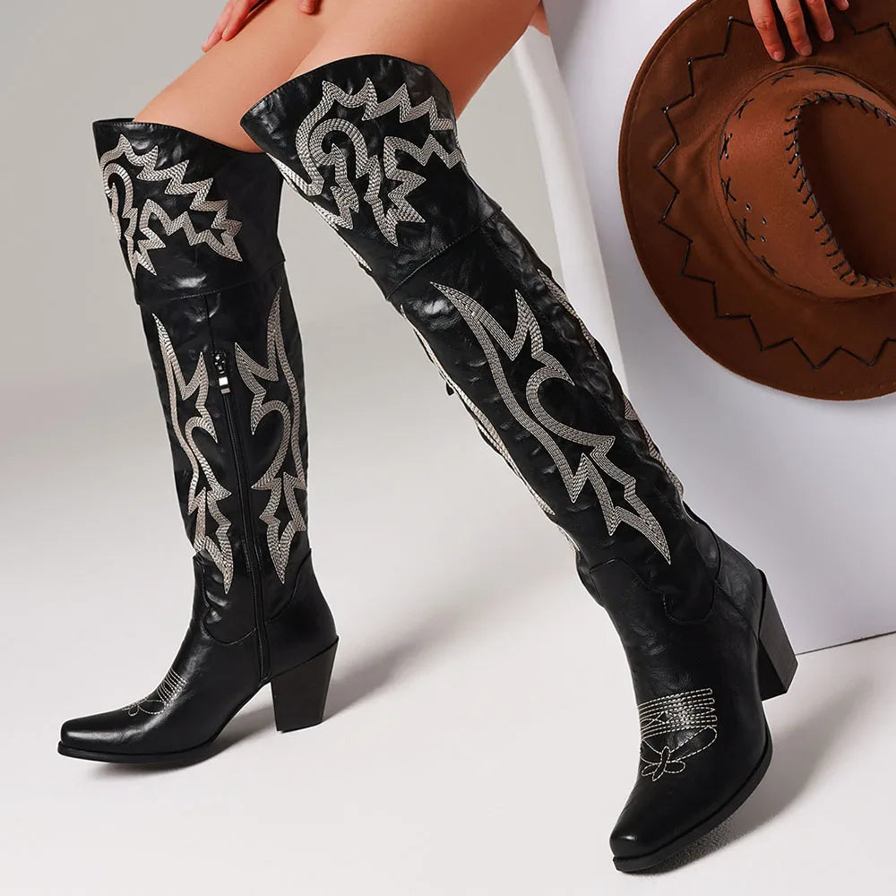 Women Over The Knee Western Boots High Heel Zipper Cowgirl