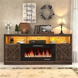 Farmhouse TV Stand With Glass Fireplace And LED Light