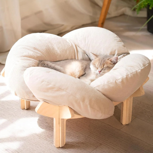 Elevated Wooden Cat Bed With Soft Cushion Sofa For Pets