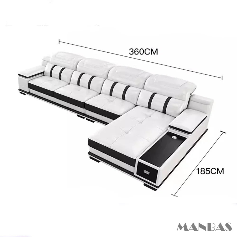 MANBAS Genuine Leather Sofa With Bluetooth USB Headrests