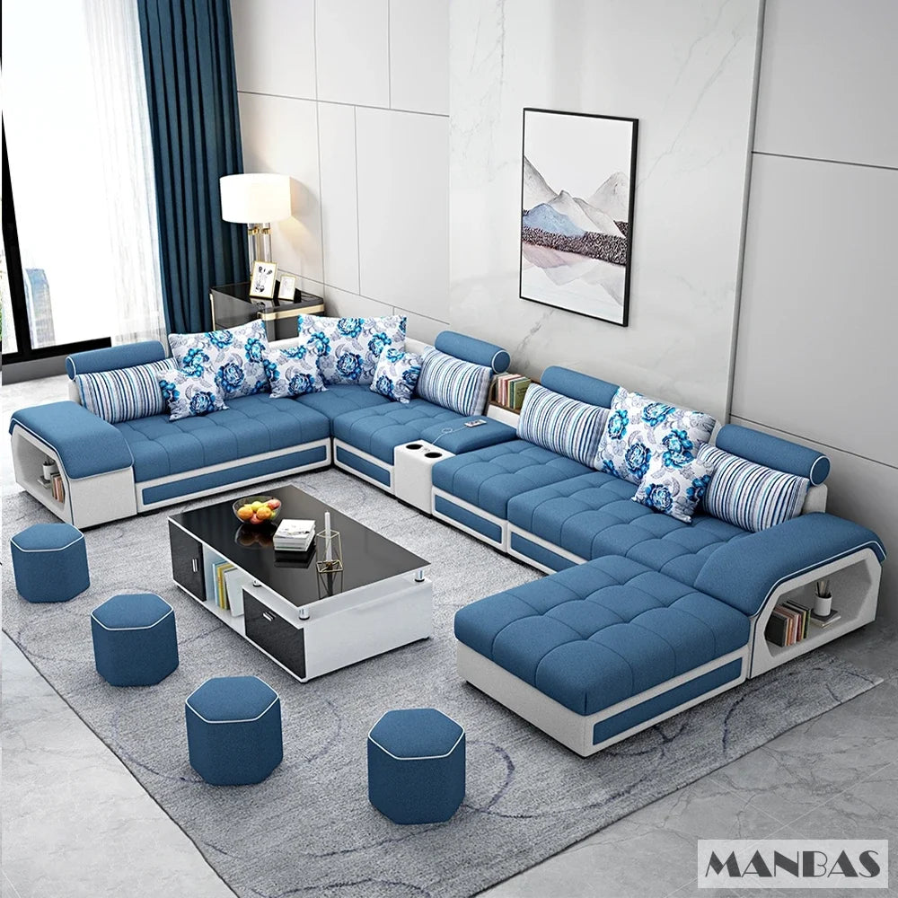 Linlamlim U Shaped Fabric Sofa Set with USB Stools Home
