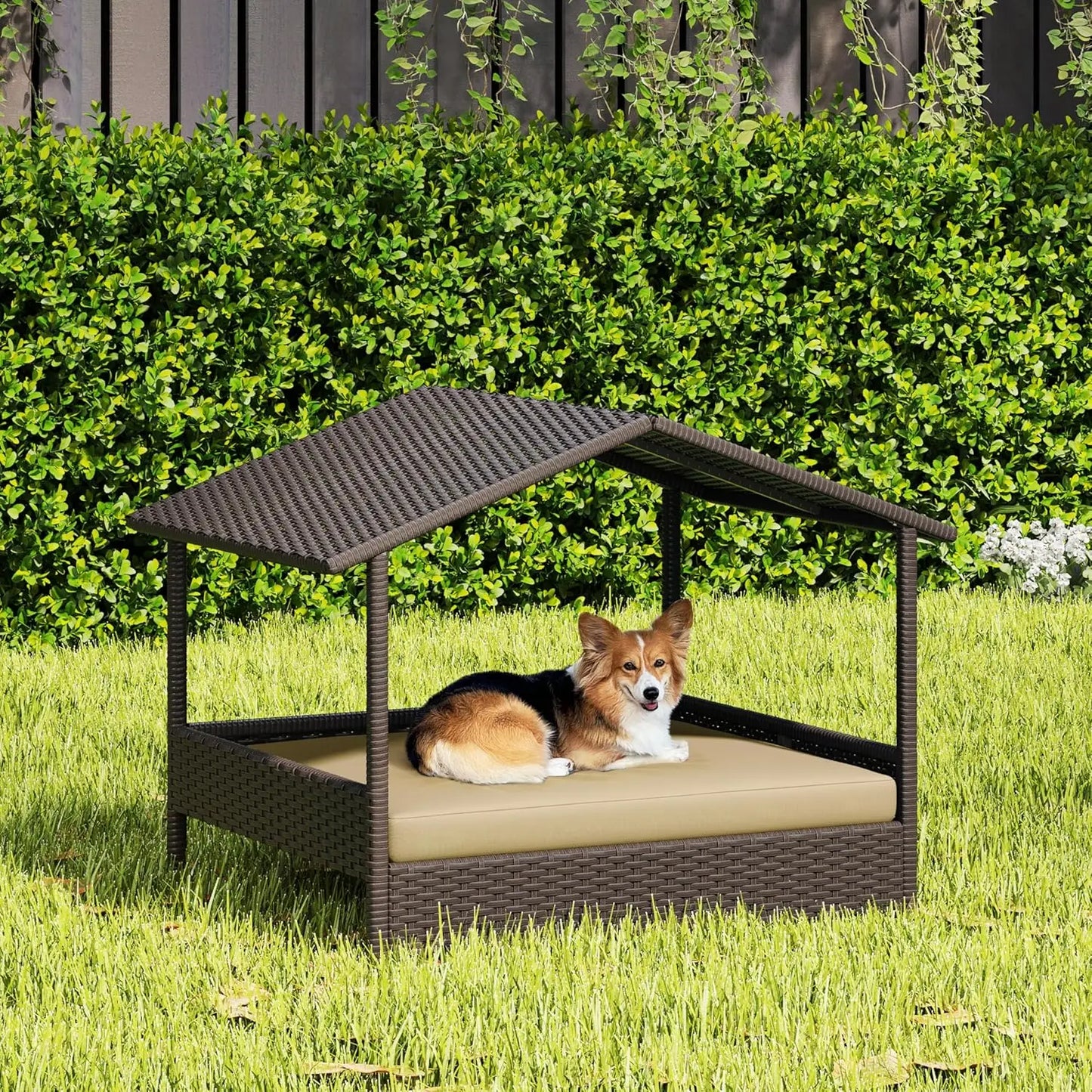 XMSJH Wicker Dog House With Canopy For Small Medium Dogs