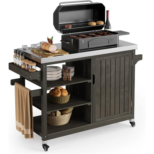 DAFIFY Solid Wood Outdoor Grill Cart With Stainless Table