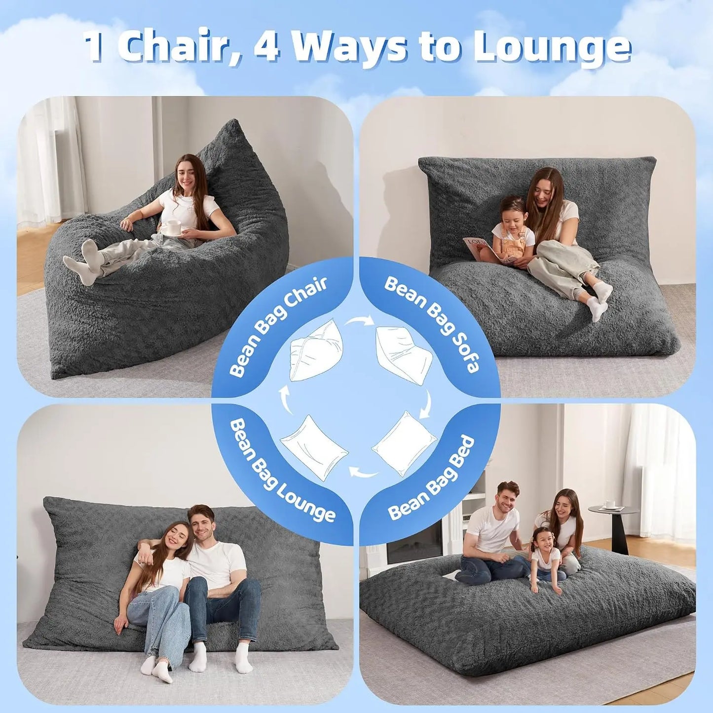 4 in 1 Giant Memory Foam Bean Bag Sofa Chair for Adults