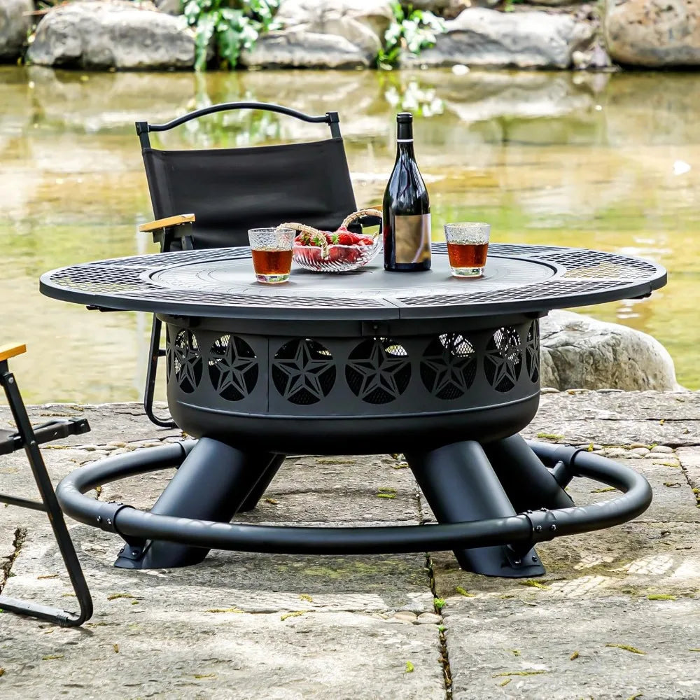 Outdoor Fire Pit With Grills 3 In 1 Round Metal BBQ