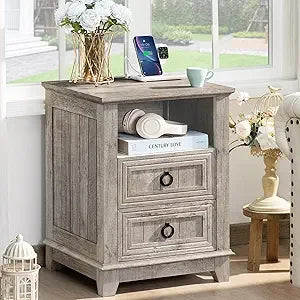 XMSJ Farmhouse Nightstands Set Of 2 With Charging Station