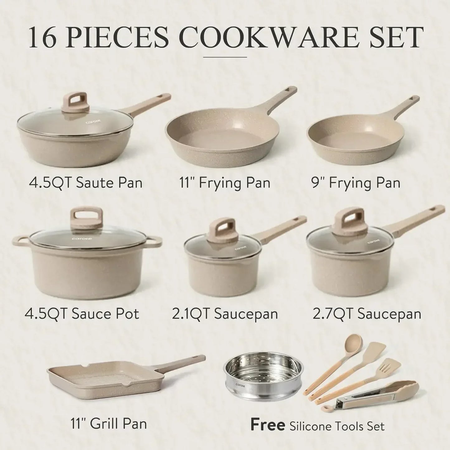 Carote Pots and Pans Set Non Stick 16 Piece Cookware