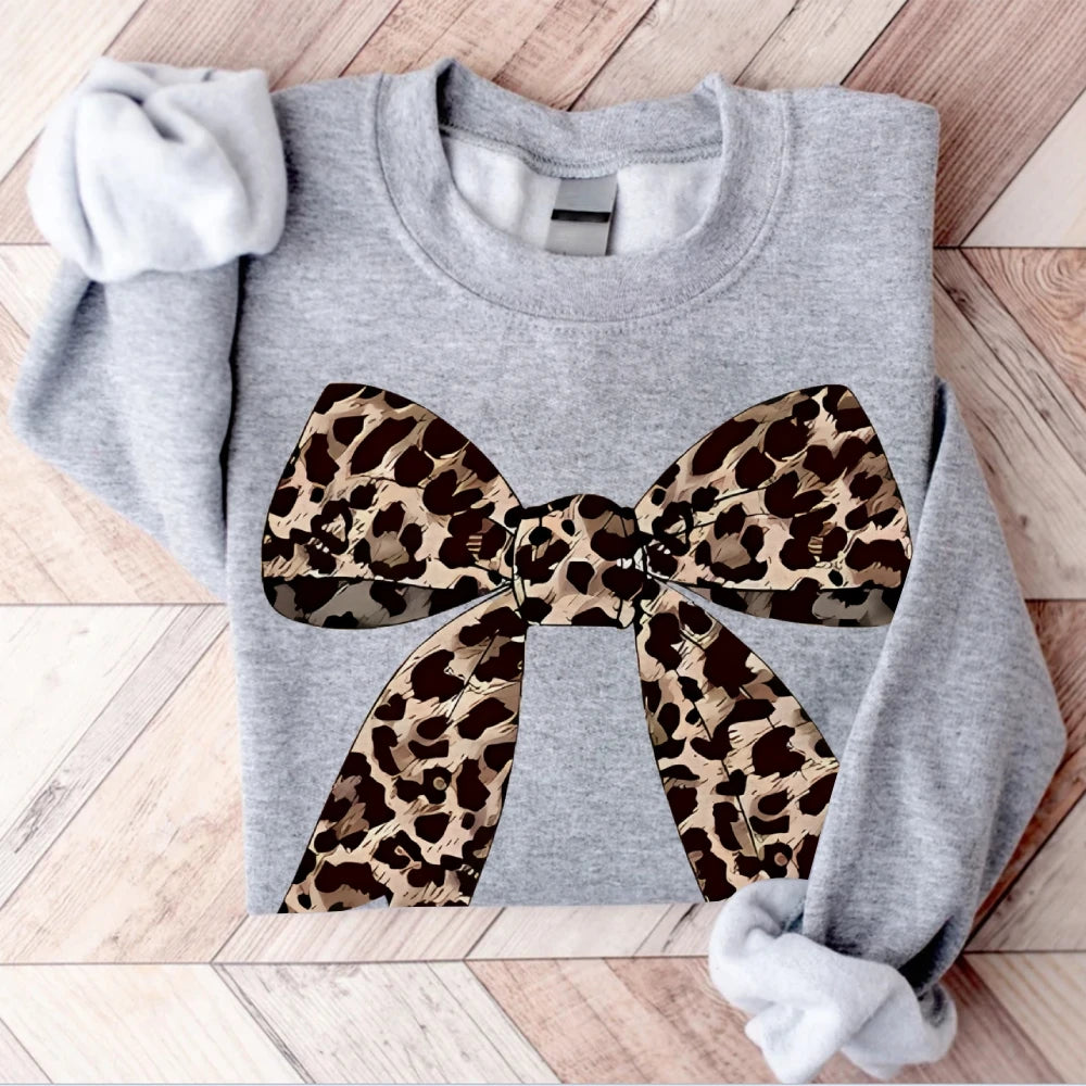 Leopard Bow Print Sweatshirts For Women Round Neck Hoodie