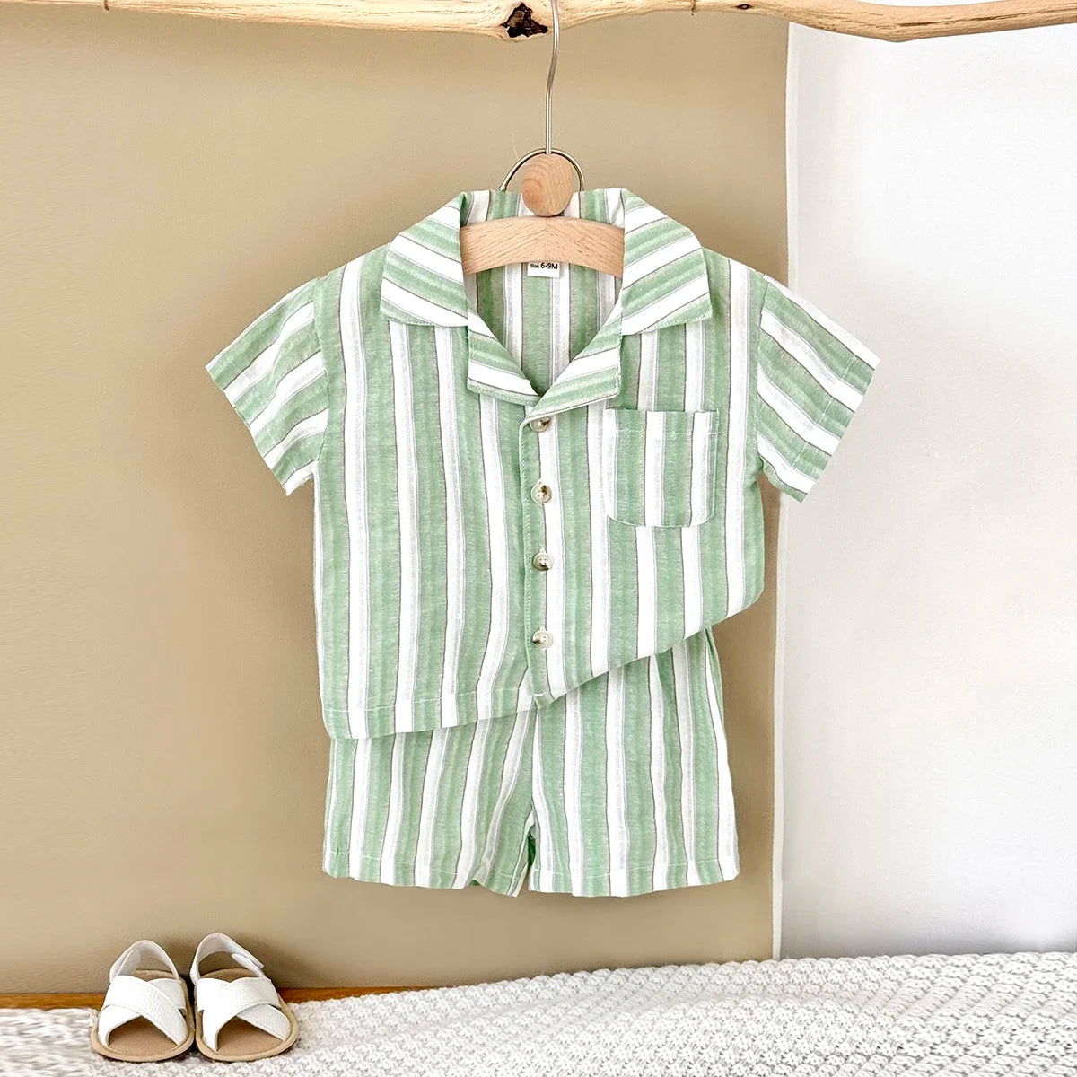 Newborn Baby Boys Girls Clothing Summer Set Green Stripe Buttoned Short Sleeved Lapel Shirt +Shorts Clothes 2Pcs Set