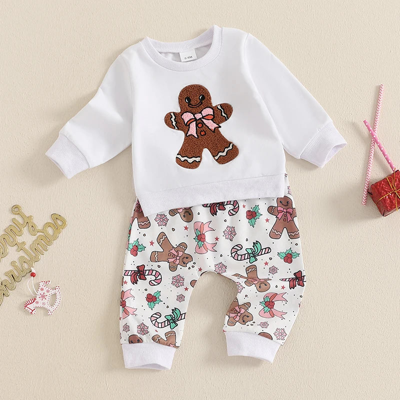 Pudcoco Toddler Christmas Embroidered Gingerbread Man Set