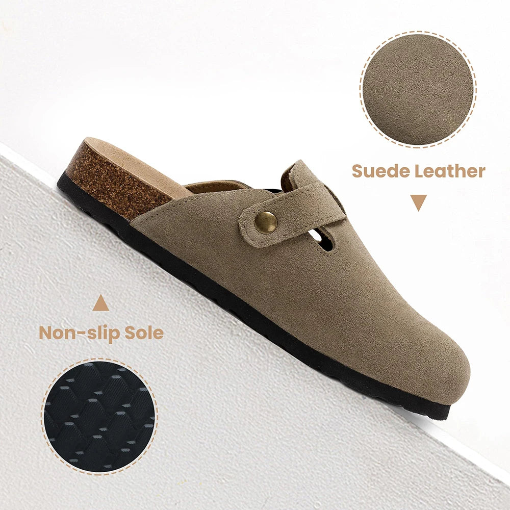 Women's Suede Clogs Adjustable Buckle Slip Casual Footbed