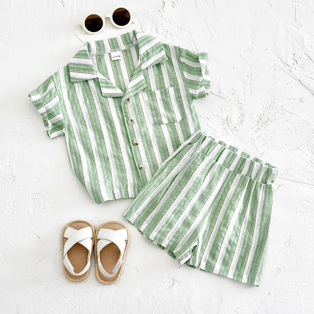 Newborn Baby Boys Girls Clothing Summer Set Green Stripe Buttoned Short Sleeved Lapel Shirt +Shorts Clothes 2Pcs Set