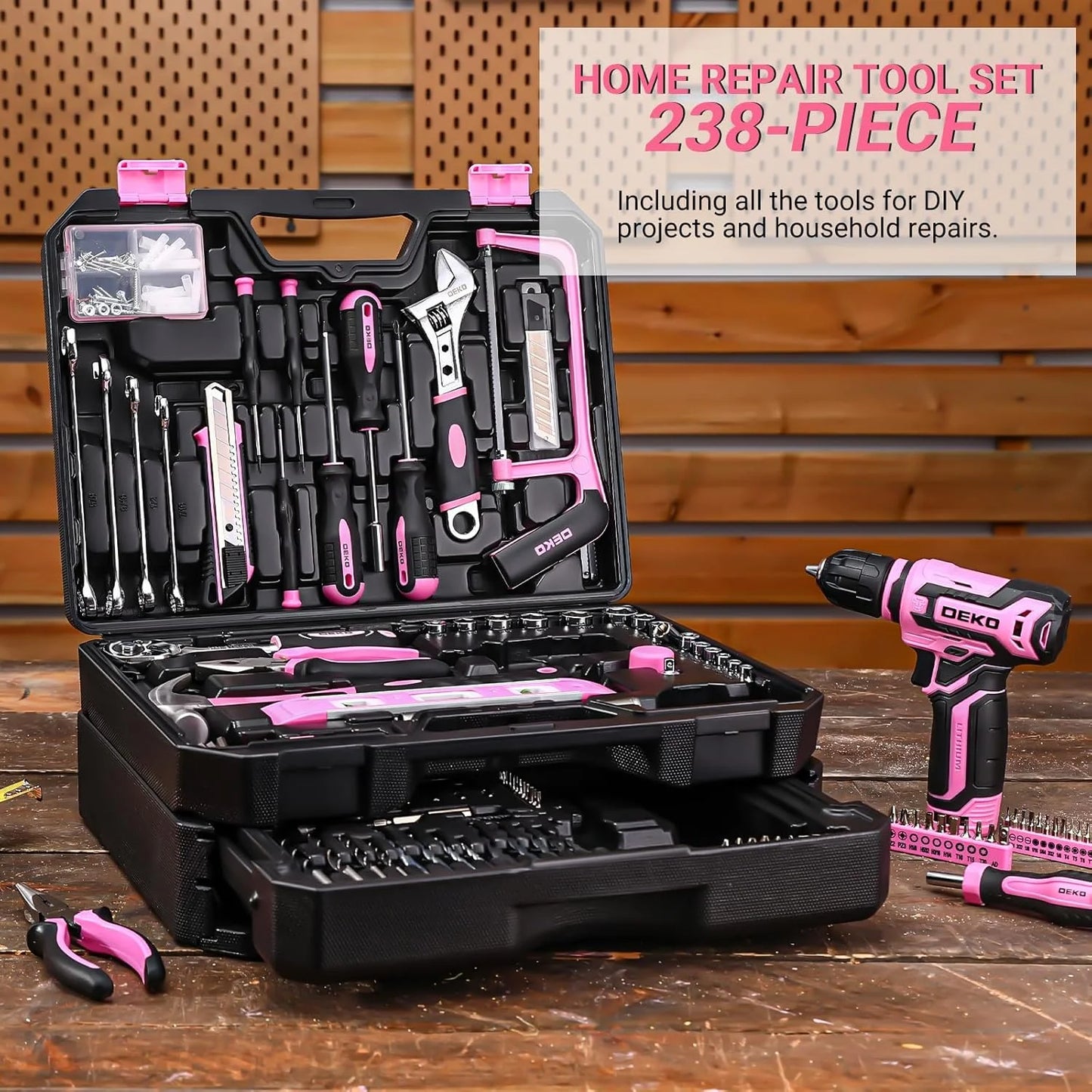 DEKODIY Home Mechanic Toolbox With 12V Cordless Drill Set